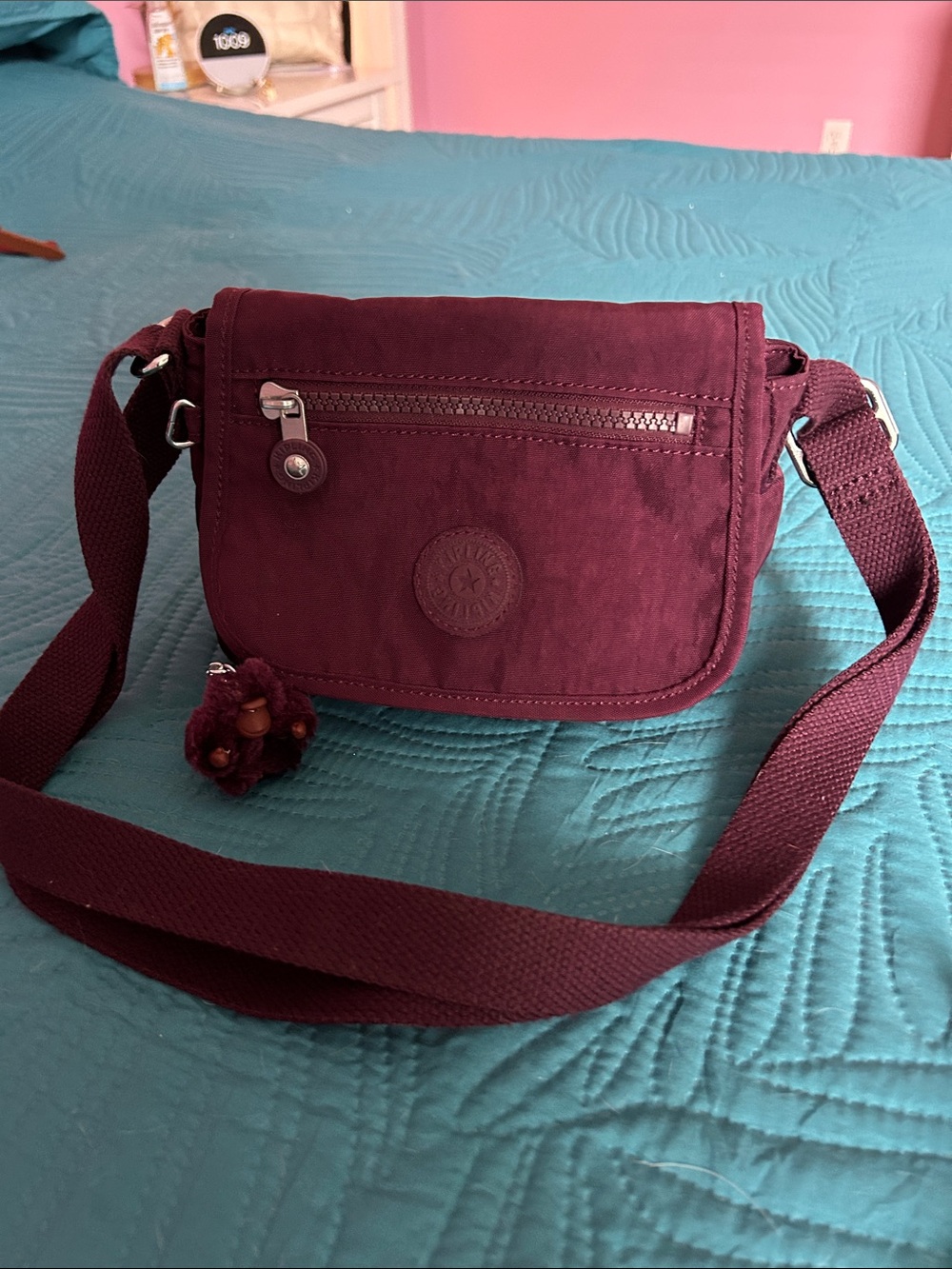Kipling Wine Plum Crossbody Bag with Adjustable Strap and Monkey Charm